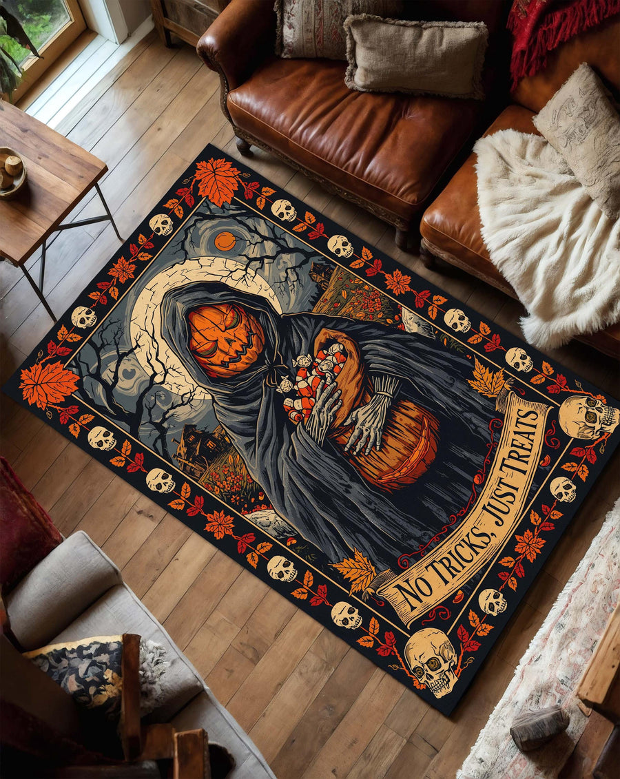 Halloween Pumpkin Reaper Area Rug for Living Room, Gothic Skull Fall Decor Carpet, Vintage Witchy Floor Mat, No Tricks Just Treats Design