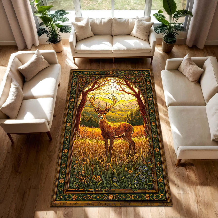 Stained Glass Deer Area Rug – Woodland Sunlit Buck Carpet, Art Nouveau Nature Decor for Living Room and Bedroom, Cozy Cabin Rustic Boho