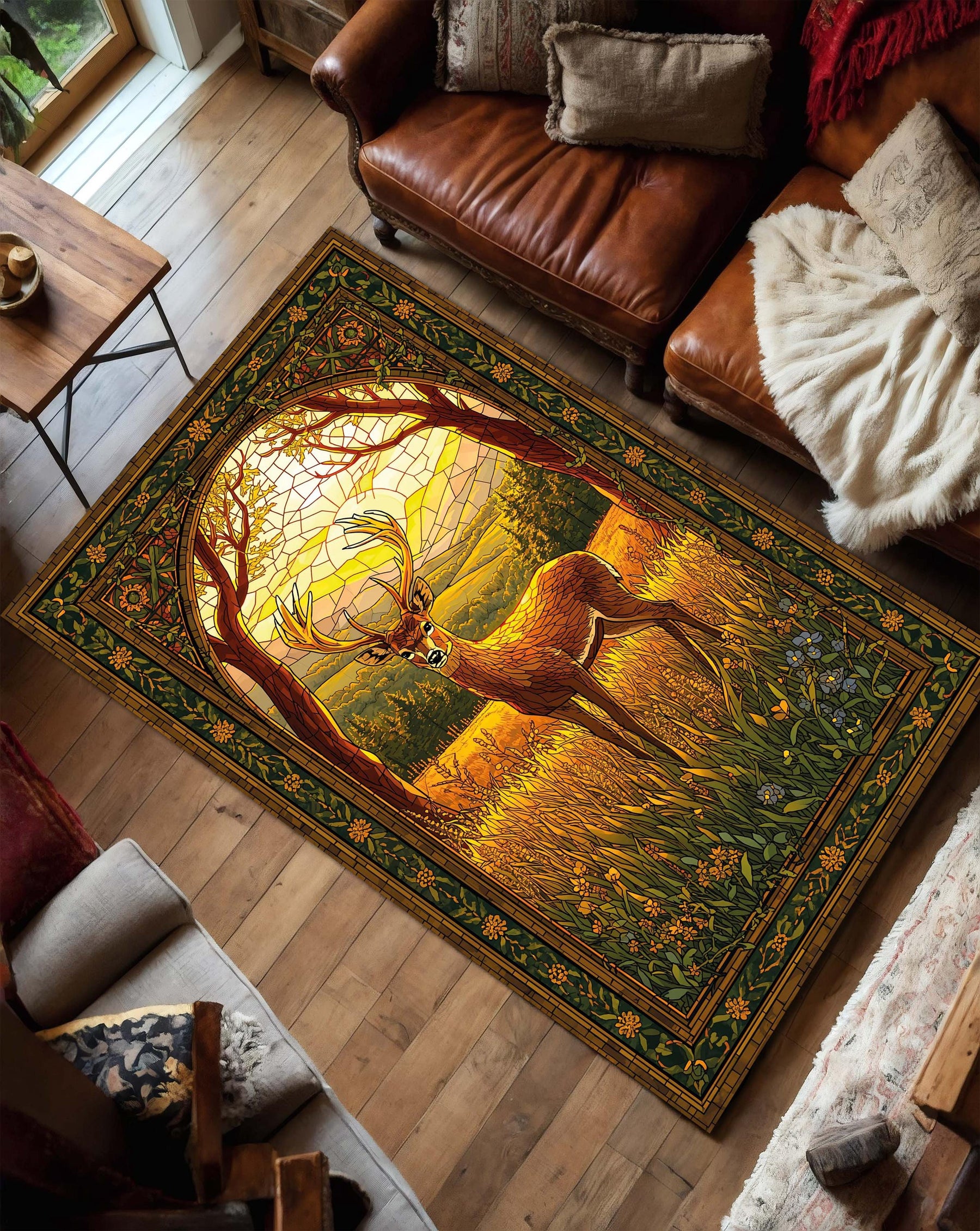 Stained Glass Deer Area Rug – Woodland Sunlit Buck Carpet, Art Nouveau Nature Decor for Living Room and Bedroom, Cozy Cabin Rustic Boho
