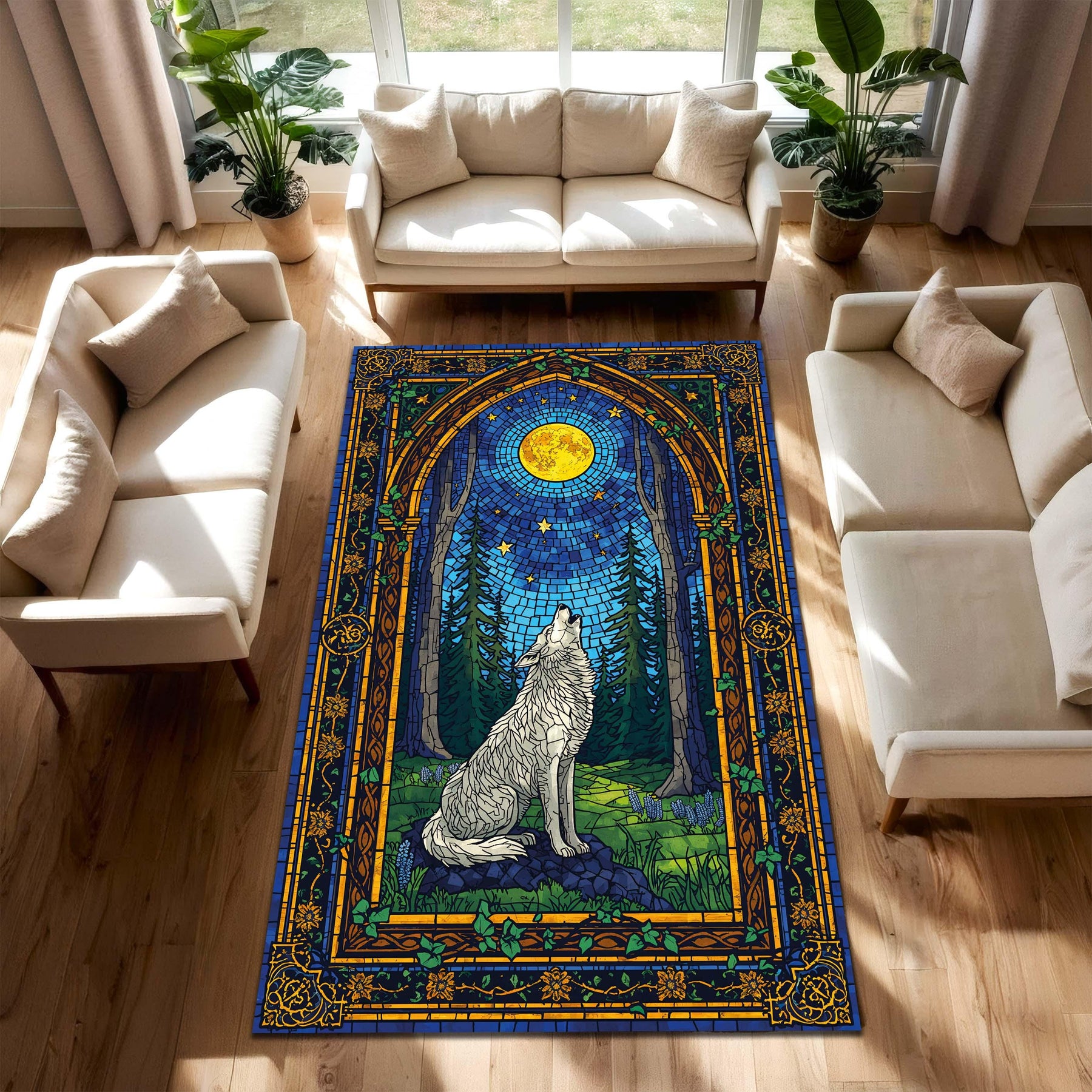 Stained Glass Wolf Rug Howling at the Moon, Forest Night Area Carpet, Boho Gothic Nature Decor, Mystic Art Rug for Living Room Bedroom Gift