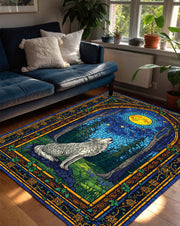 Stained Glass Wolf Rug Howling at the Moon, Forest Night Area Carpet, Boho Gothic Nature Decor, Mystic Art Rug for Living Room Bedroom Gift