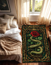 Gothic Snake and Rose Rug in Stained Glass Style, Dark Green Gold Red Area Carpet, Living Room Bedroom Decor, Witchy Boho Occult Aesthetic