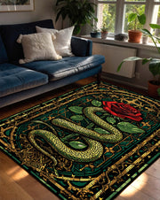 Gothic Snake and Rose Rug in Stained Glass Style, Dark Green Gold Red Area Carpet, Living Room Bedroom Decor, Witchy Boho Occult Aesthetic