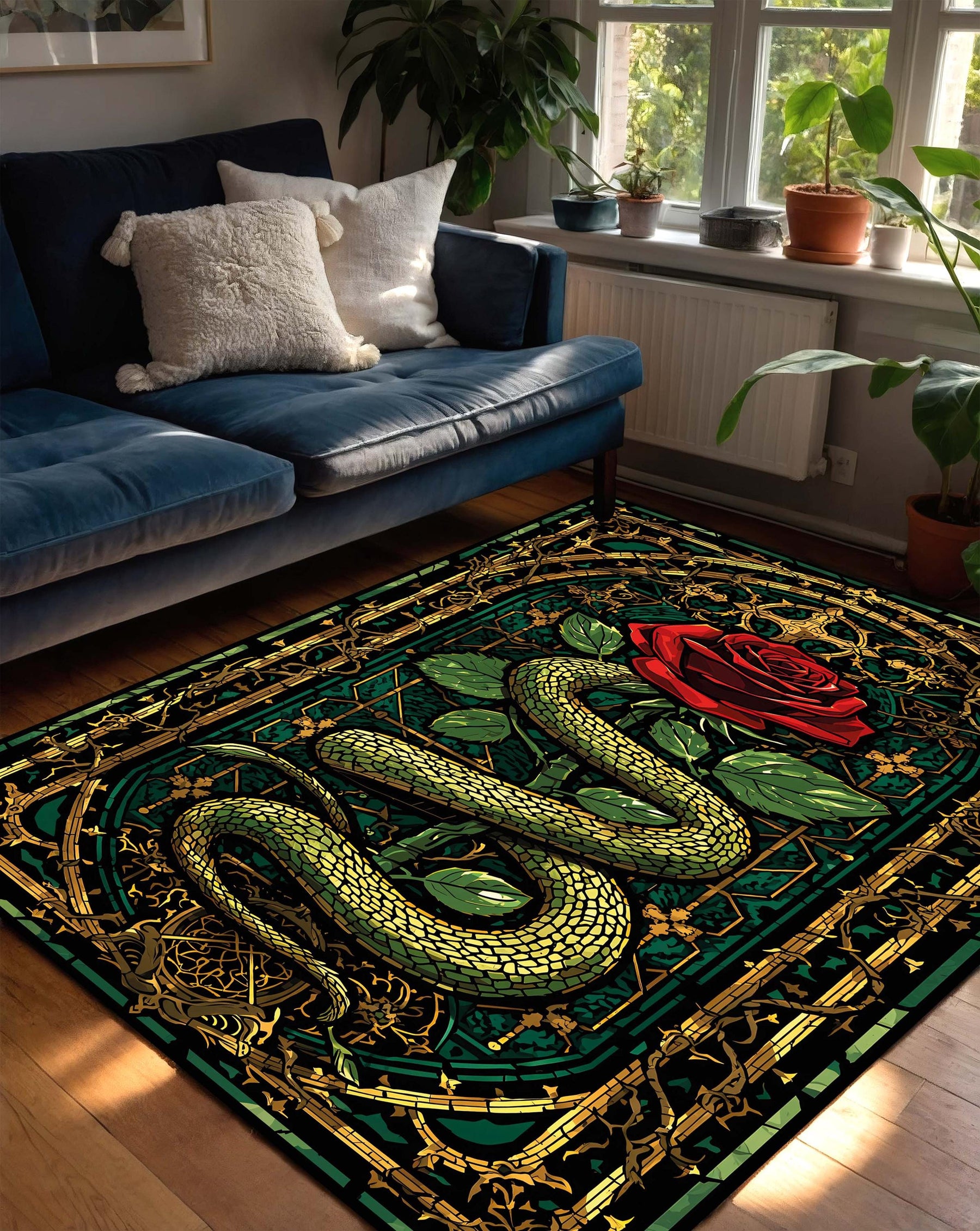 Gothic Snake and Rose Rug in Stained Glass Style, Dark Green Gold Red Area Carpet, Living Room Bedroom Decor, Witchy Boho Occult Aesthetic