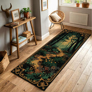 Woodland Forest Path Runner Rug – Vintage Botanical Hallway Carpet, Dark Green Gold Aesthetic, Cottagecore Entryway Decor, Non Slip Washable