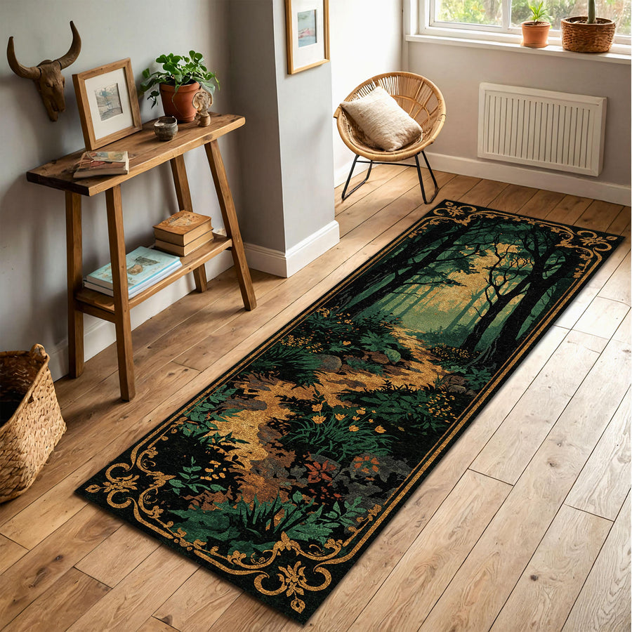 Woodland Forest Path Runner Rug – Vintage Botanical Hallway Carpet, Dark Green Gold Aesthetic, Cottagecore Entryway Decor, Non Slip Washable