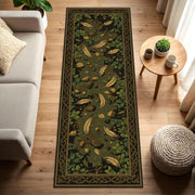 Forest Path Runner Rug – Green Botanical Hallway Carpet with Leaves Feathers & Stones, Rustic Cottagecore Entryway Decor, Nature Inspired