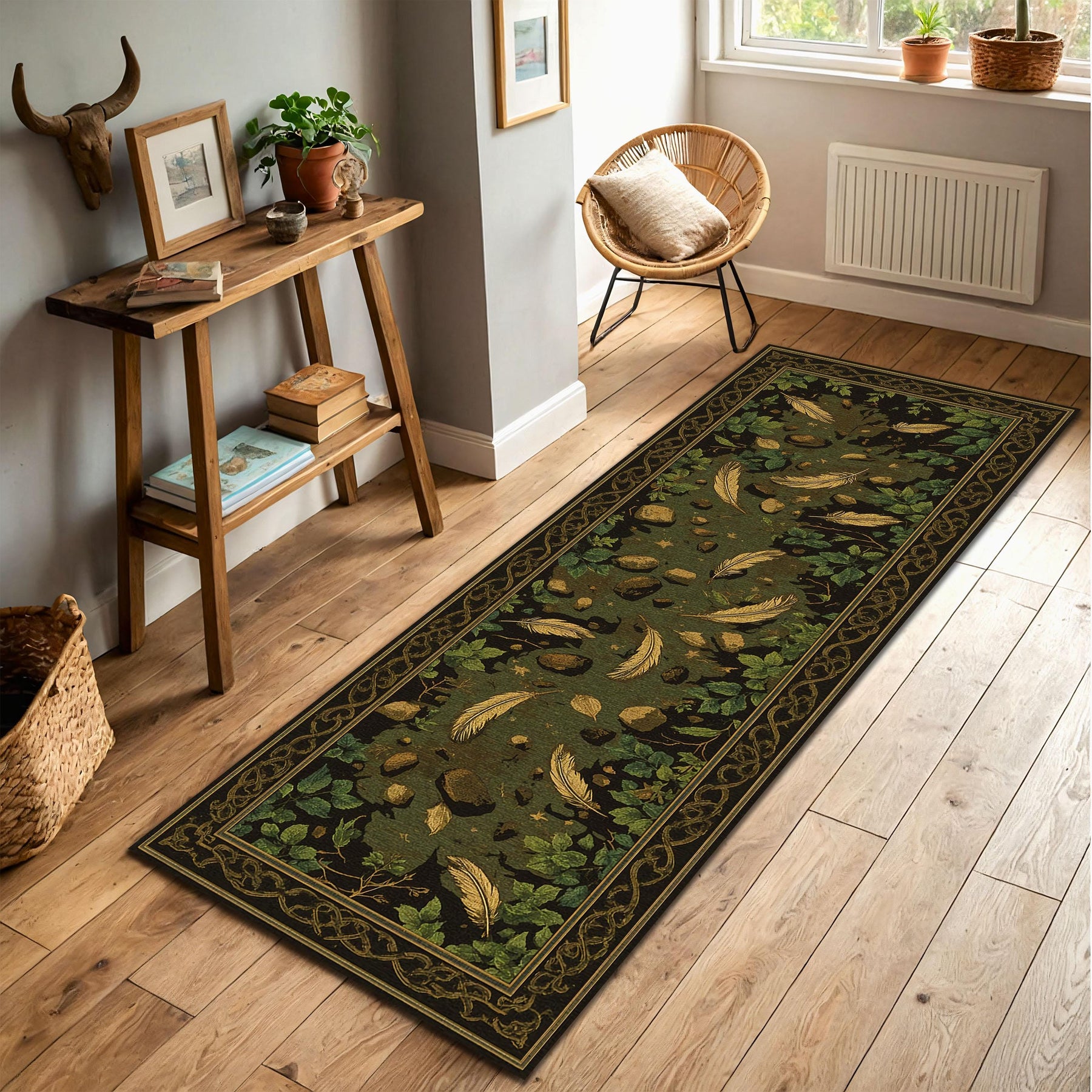 Forest Path Runner Rug – Green Botanical Hallway Carpet with Leaves Feathers & Stones, Rustic Cottagecore Entryway Decor, Nature Inspired
