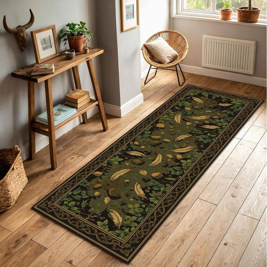 Forest Path Runner Rug – Green Botanical Hallway Carpet with Leaves Feathers & Stones, Rustic Cottagecore Entryway Decor, Nature Inspired