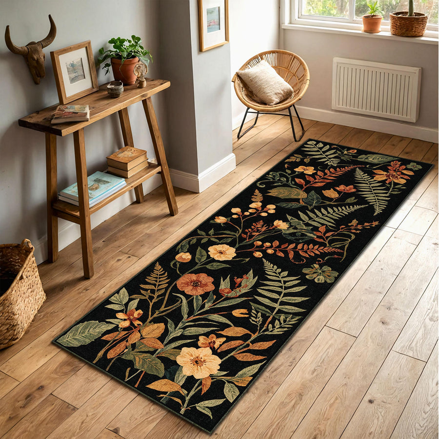 Black Botanical Runner Rug – Vintage Floral Hallway Runner, Washable Non Slip Low Pile, Kitchen Entryway Area Carpet, Autumn Garden Decor