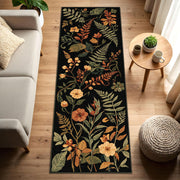 Black Botanical Runner Rug – Vintage Floral Hallway Runner, Washable Non Slip Low Pile, Kitchen Entryway Area Carpet, Autumn Garden Decor