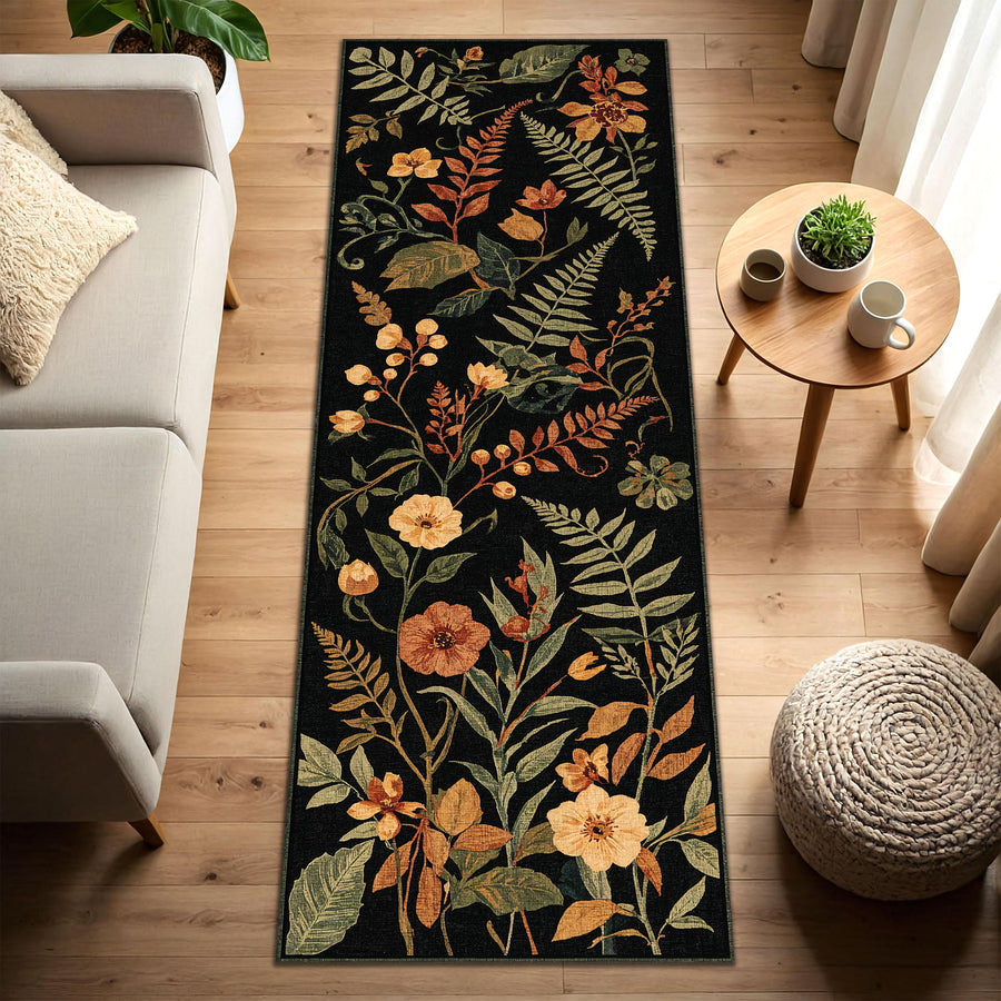 Black Botanical Runner Rug – Vintage Floral Hallway Runner, Washable Non Slip Low Pile, Kitchen Entryway Area Carpet, Autumn Garden Decor