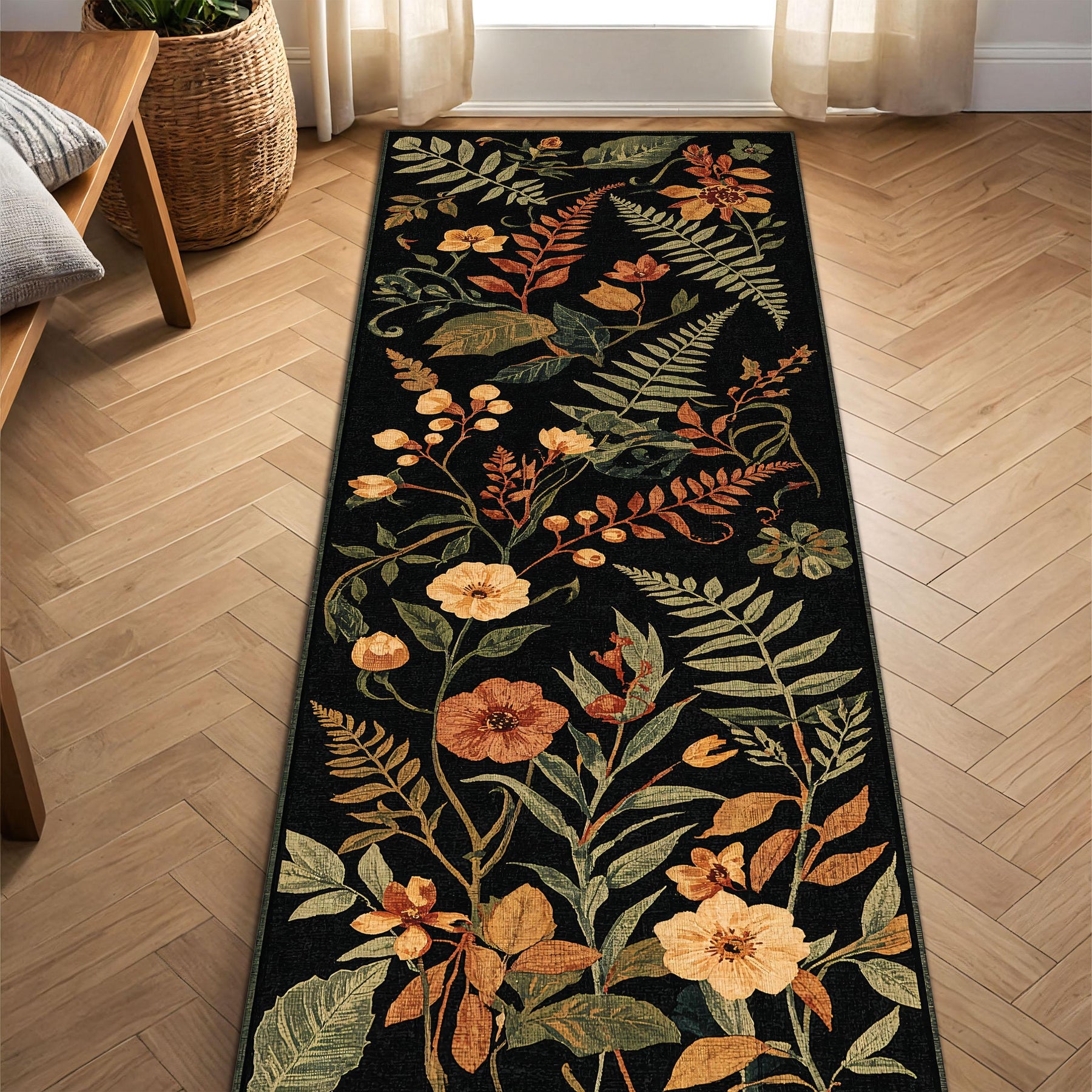 Black Botanical Runner Rug – Vintage Floral Hallway Runner, Washable Non Slip Low Pile, Kitchen Entryway Area Carpet, Autumn Garden Decor