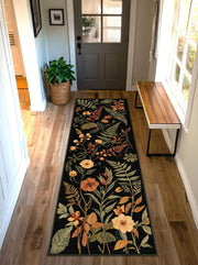 Black Botanical Runner Rug – Vintage Floral Hallway Runner, Washable Non Slip Low Pile, Kitchen Entryway Area Carpet, Autumn Garden Decor