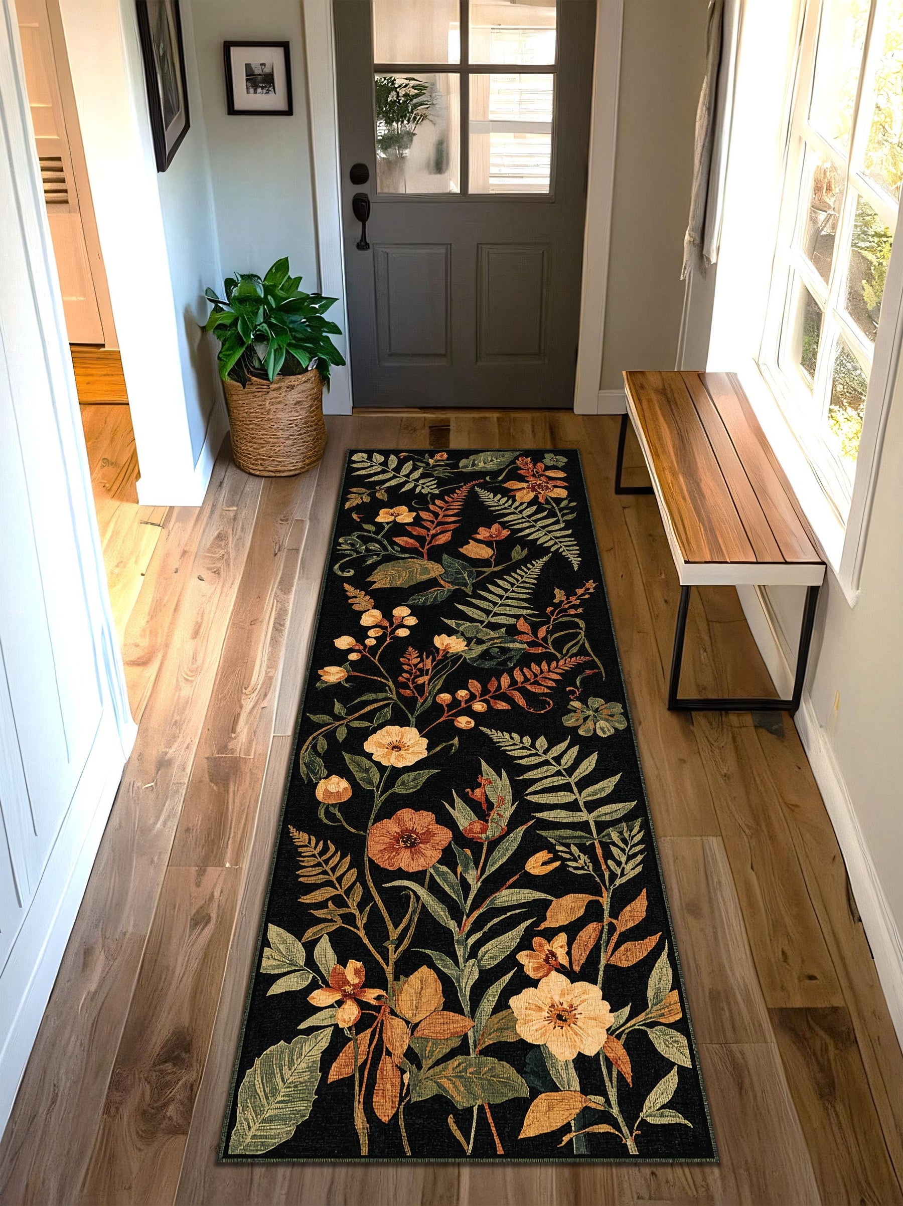 Black Botanical Runner Rug – Vintage Floral Hallway Runner, Washable Non Slip Low Pile, Kitchen Entryway Area Carpet, Autumn Garden Decor