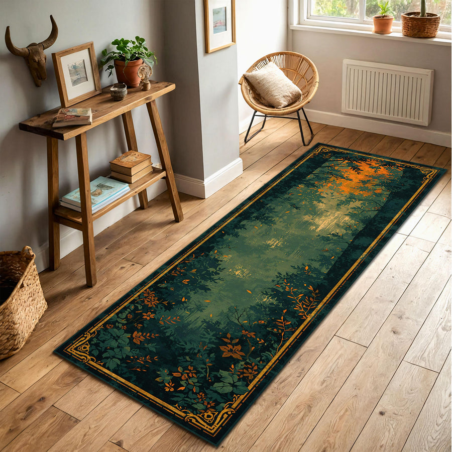 Forest Runner Rug – Green Botanical Hallway Runner, Nature Path Carpet with Art Deco Border, Low Pile Non Slip Entryway Kitchen Living Room