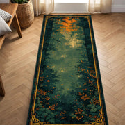 Forest Runner Rug – Green Botanical Hallway Runner, Nature Path Carpet with Art Deco Border, Low Pile Non Slip Entryway Kitchen Living Room