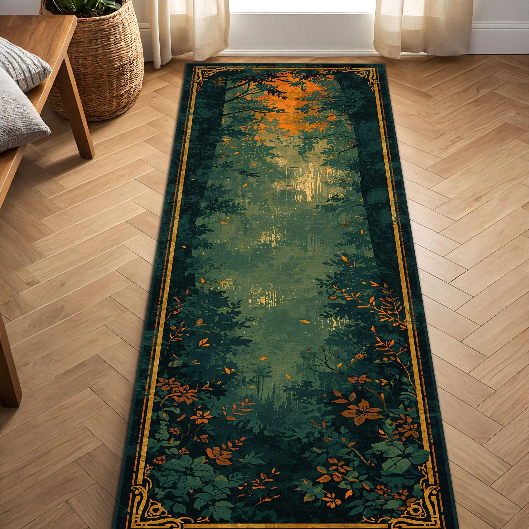 Forest Runner Rug – Green Botanical Hallway Runner, Nature Path Carpet with Art Deco Border, Low Pile Non Slip Entryway Kitchen Living Room
