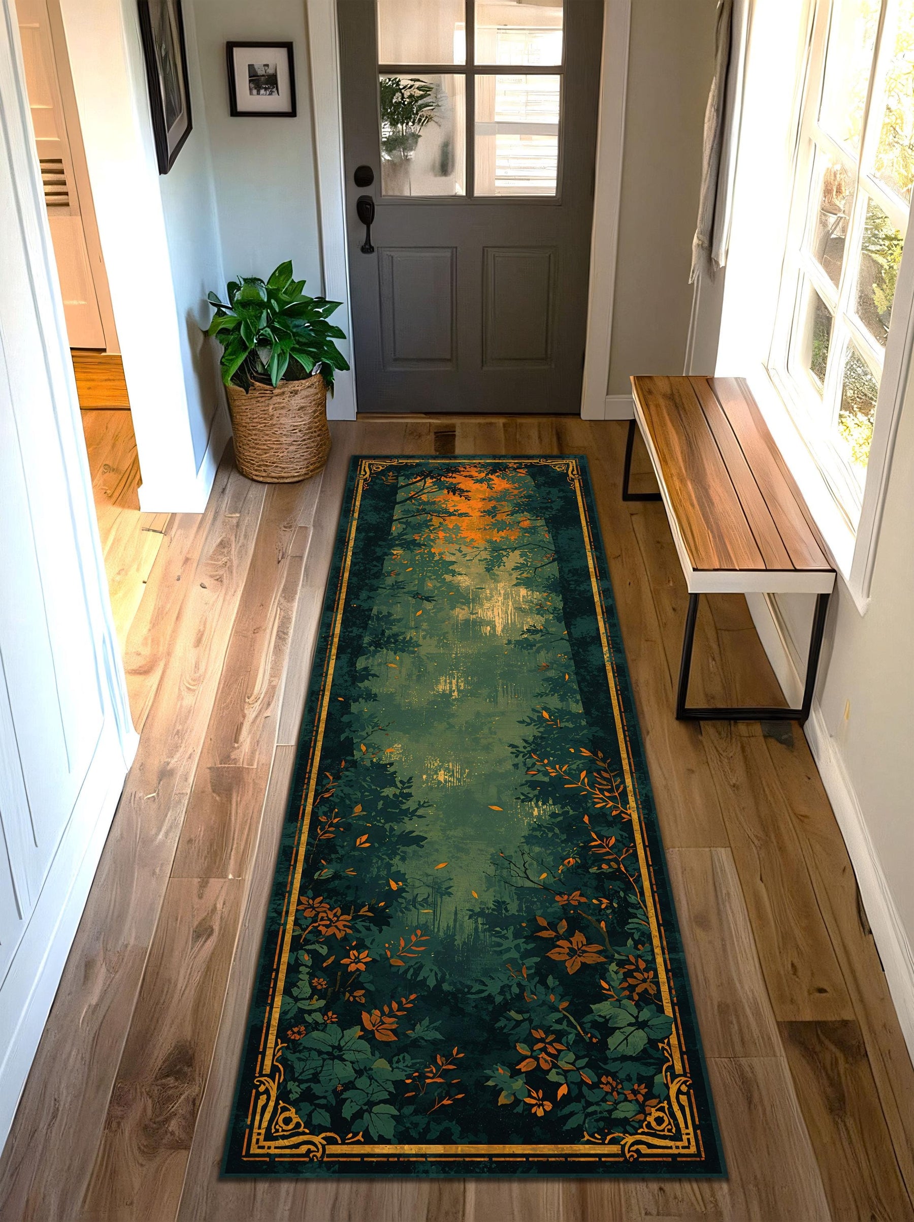 Forest Runner Rug – Green Botanical Hallway Runner, Nature Path Carpet with Art Deco Border, Low Pile Non Slip Entryway Kitchen Living Room