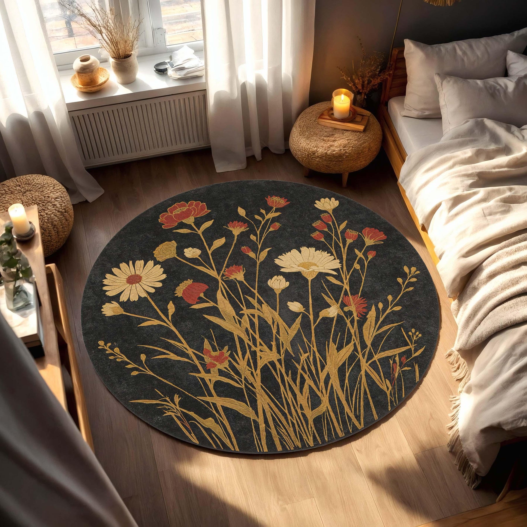 Round Wildflower Rug on Black Botanical Floral Circle Carpet, Vintage Boho Area Rug for Living Room Bedroom, Dark Charcoal Gold Daisy Carpet