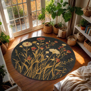 Round Wildflower Rug on Black Botanical Floral Circle Carpet, Vintage Boho Area Rug for Living Room Bedroom, Dark Charcoal Gold Daisy Carpet