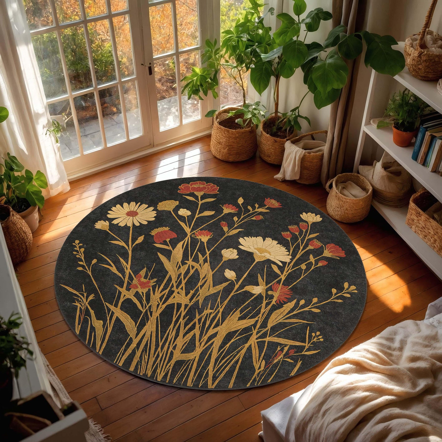 Round Wildflower Rug on Black Botanical Floral Circle Carpet, Vintage Boho Area Rug for Living Room Bedroom, Dark Charcoal Gold Daisy Carpet