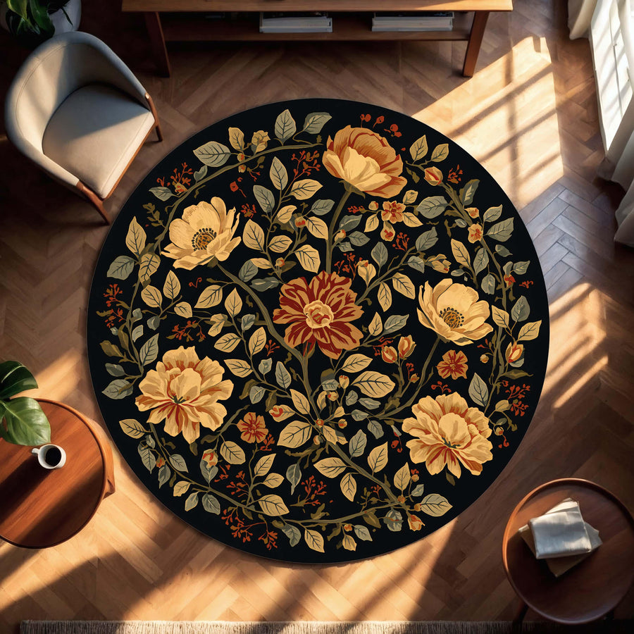 Round Vintage Floral Rug in Black, Boho Botanical Area Carpet, Dark Cottagecore Peony Pattern Mat for Living Room & Bedroom, Non Slip Soft