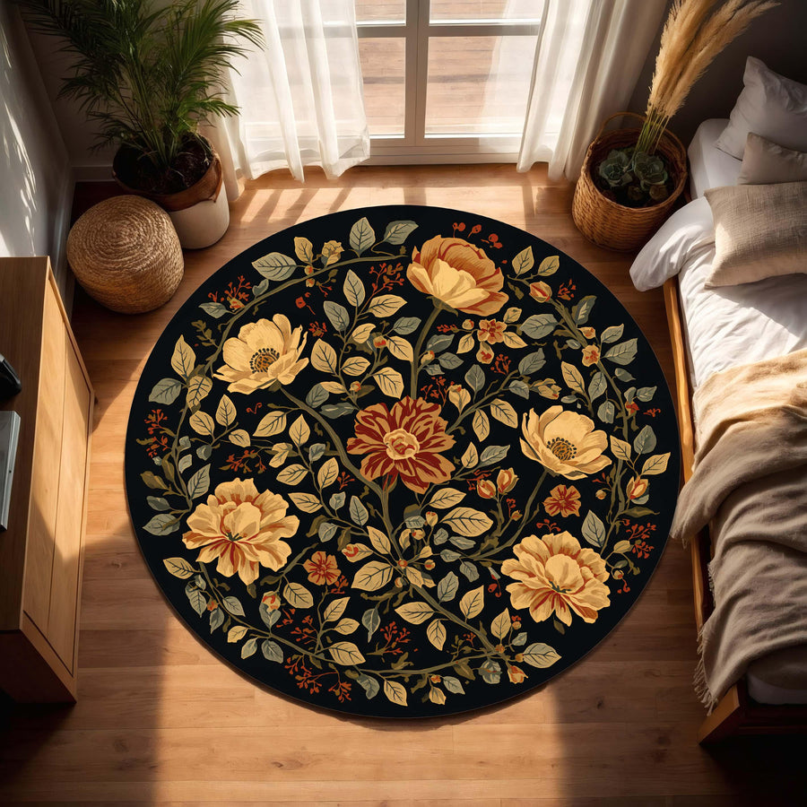 Round Vintage Floral Rug in Black, Boho Botanical Area Carpet, Dark Cottagecore Peony Pattern Mat for Living Room & Bedroom, Non Slip Soft