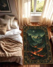 Fantasy Castle Lava Landscape Area Rug – Gothic Dark Academia Medieval Aesthetic Carpet for Living Room Bedroom, Vintage Baroque Border Art