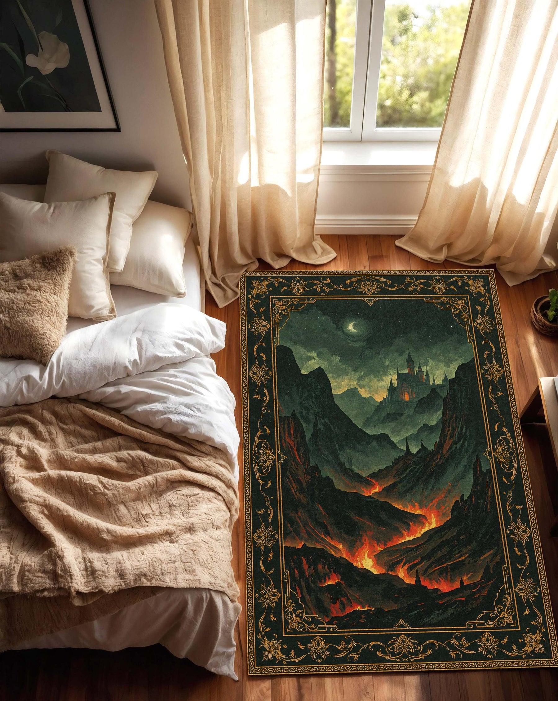 Fantasy Castle Lava Landscape Area Rug – Gothic Dark Academia Medieval Aesthetic Carpet for Living Room Bedroom, Vintage Baroque Border Art
