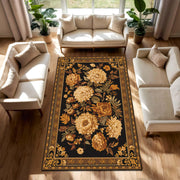 Vintage Floral Area Rug Black Gold – Baroque Border Chrysanthemum Peony Carpet, Washable Non Slip Oriental Style for Living Room Bedroom