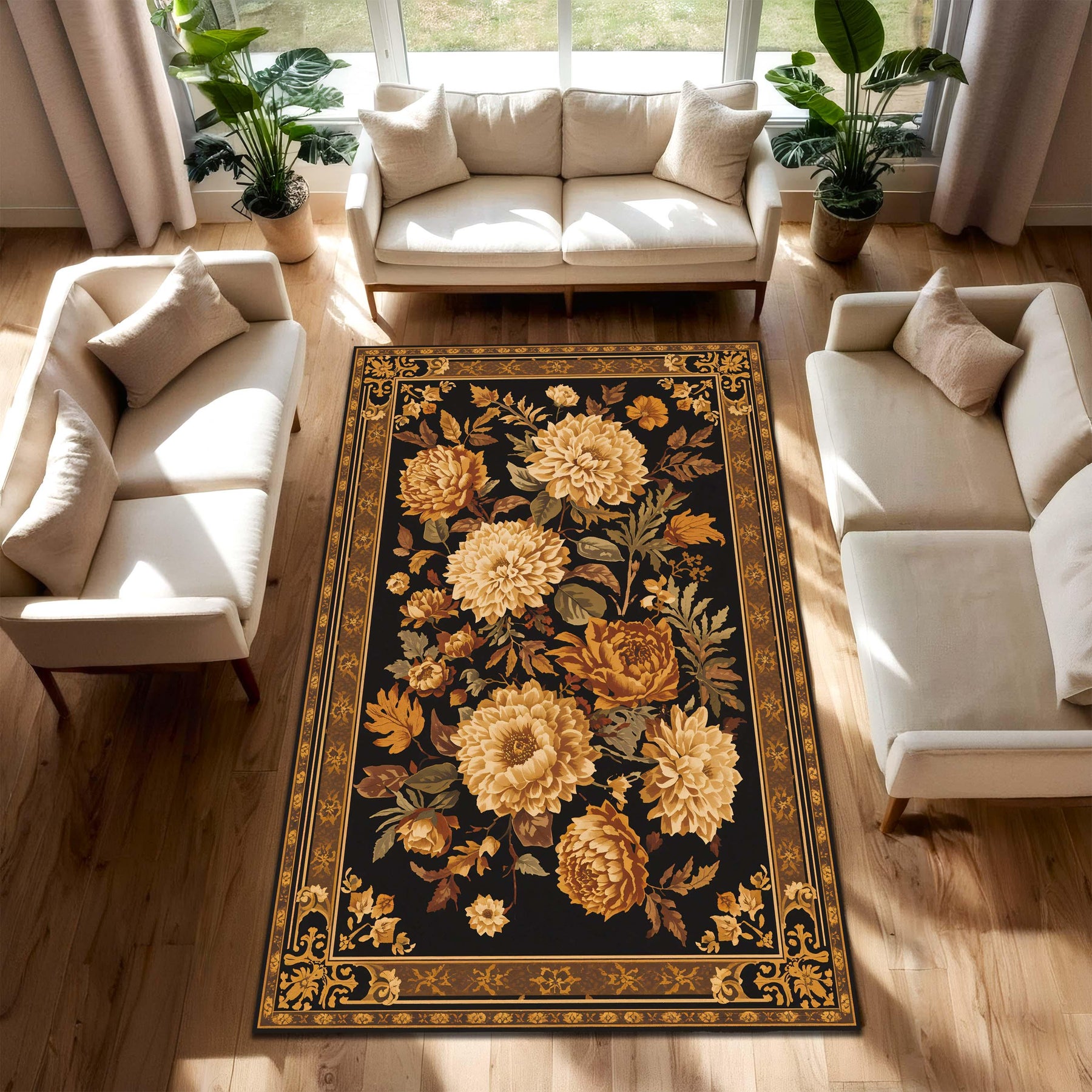 Vintage Floral Area Rug Black Gold – Baroque Border Chrysanthemum Peony Carpet, Washable Non Slip Oriental Style for Living Room Bedroom