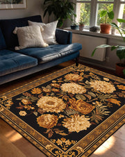Vintage Floral Area Rug Black Gold – Baroque Border Chrysanthemum Peony Carpet, Washable Non Slip Oriental Style for Living Room Bedroom