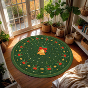 Round Christmas Rug Green Holiday Bell Wreath Design, Festive Circle Area Carpet for Living Room Bedroom, Xmas Decor Non Slip Floor Mat
