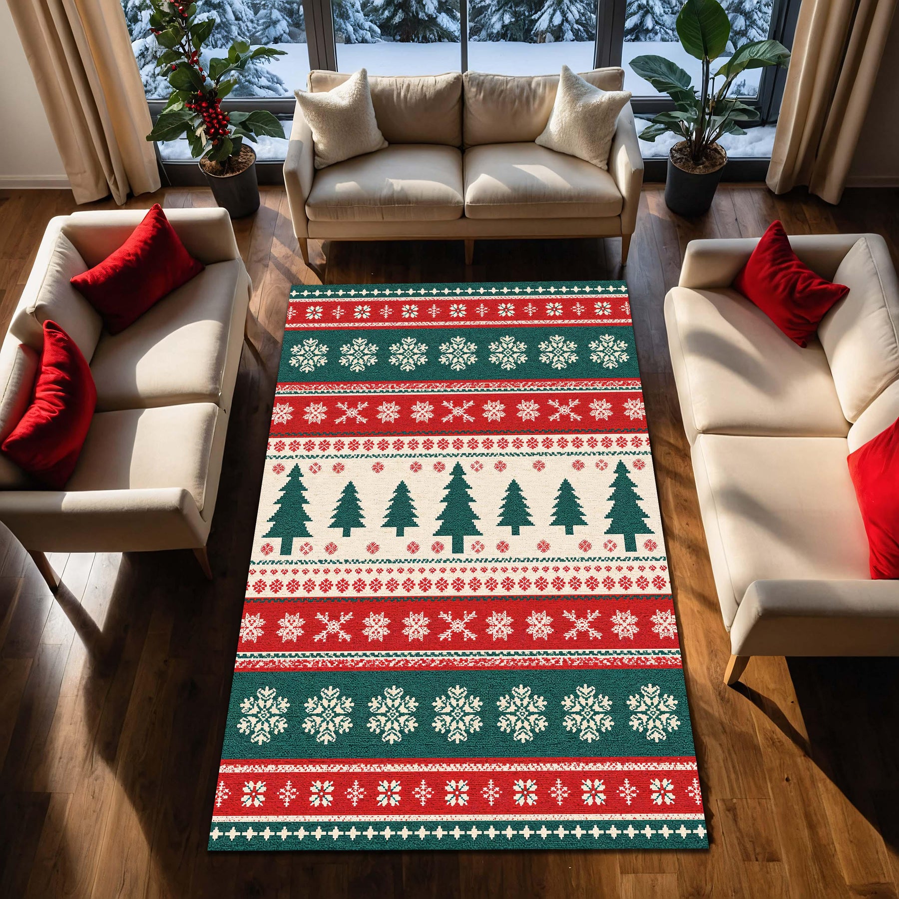 Christmas Area Rug with Nordic Trees & Snowflakes, Red Green Holiday Living Room Carpet, Cozy Winter Home Decor, Festive Seasonal Accent