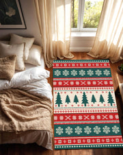Christmas Area Rug with Nordic Trees & Snowflakes, Red Green Holiday Living Room Carpet, Cozy Winter Home Decor, Festive Seasonal Accent