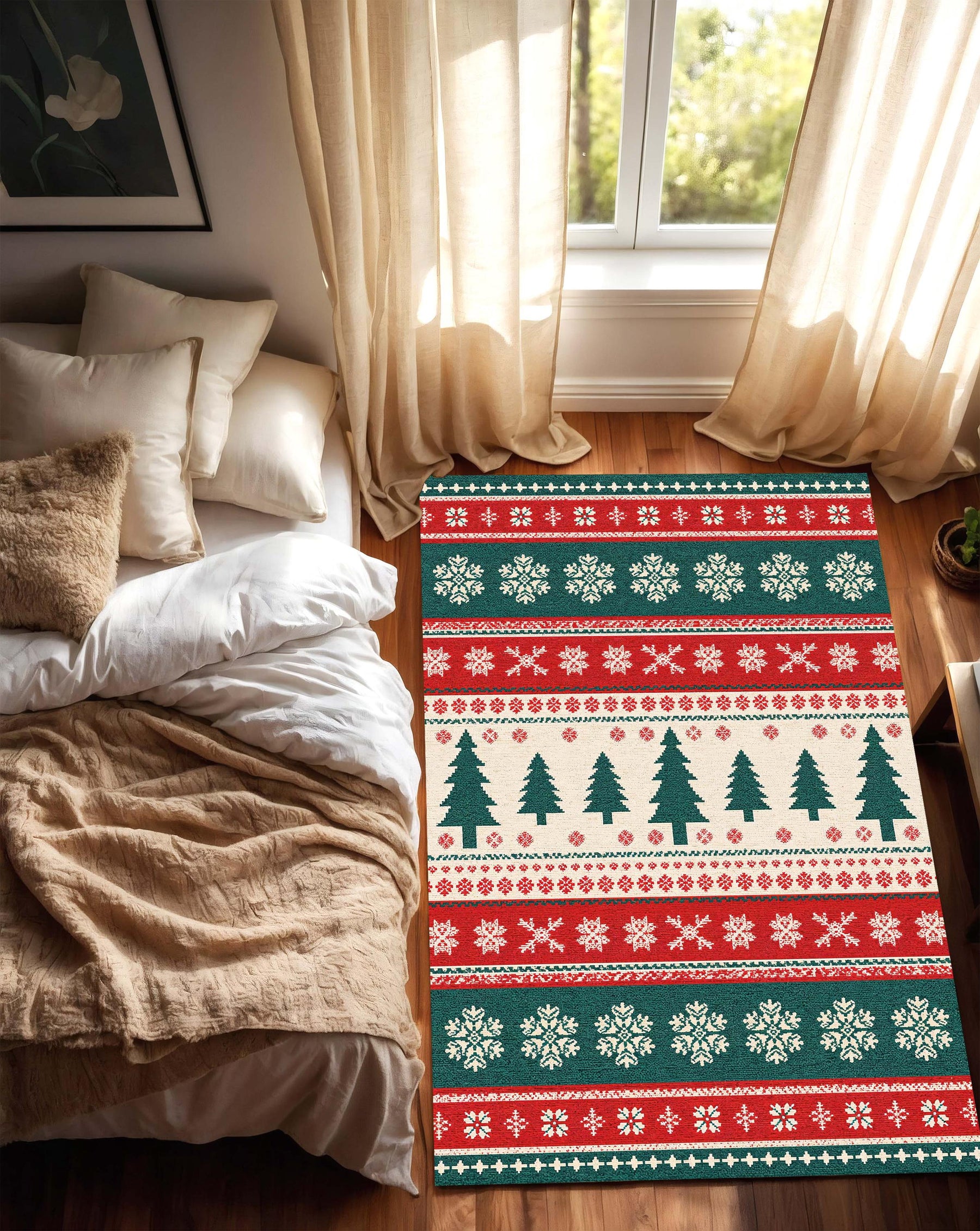 Christmas Area Rug with Nordic Trees & Snowflakes, Red Green Holiday Living Room Carpet, Cozy Winter Home Decor, Festive Seasonal Accent