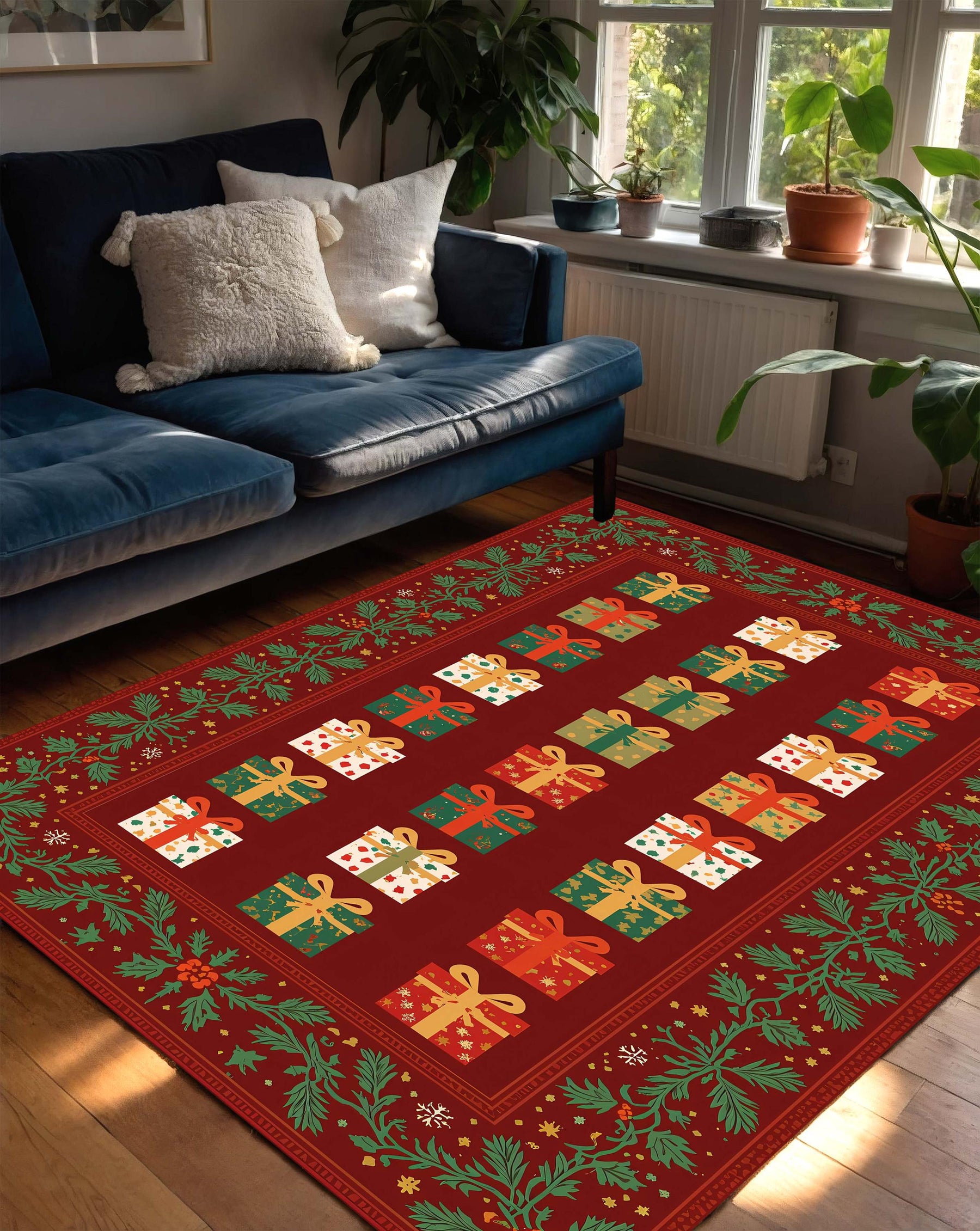 Christmas Gift Boxes Area Rug, Red Green Holiday Carpet, Festive Living Room Bedroom Decor, Winter Floor Mat, Cozy Xmas Home Accent