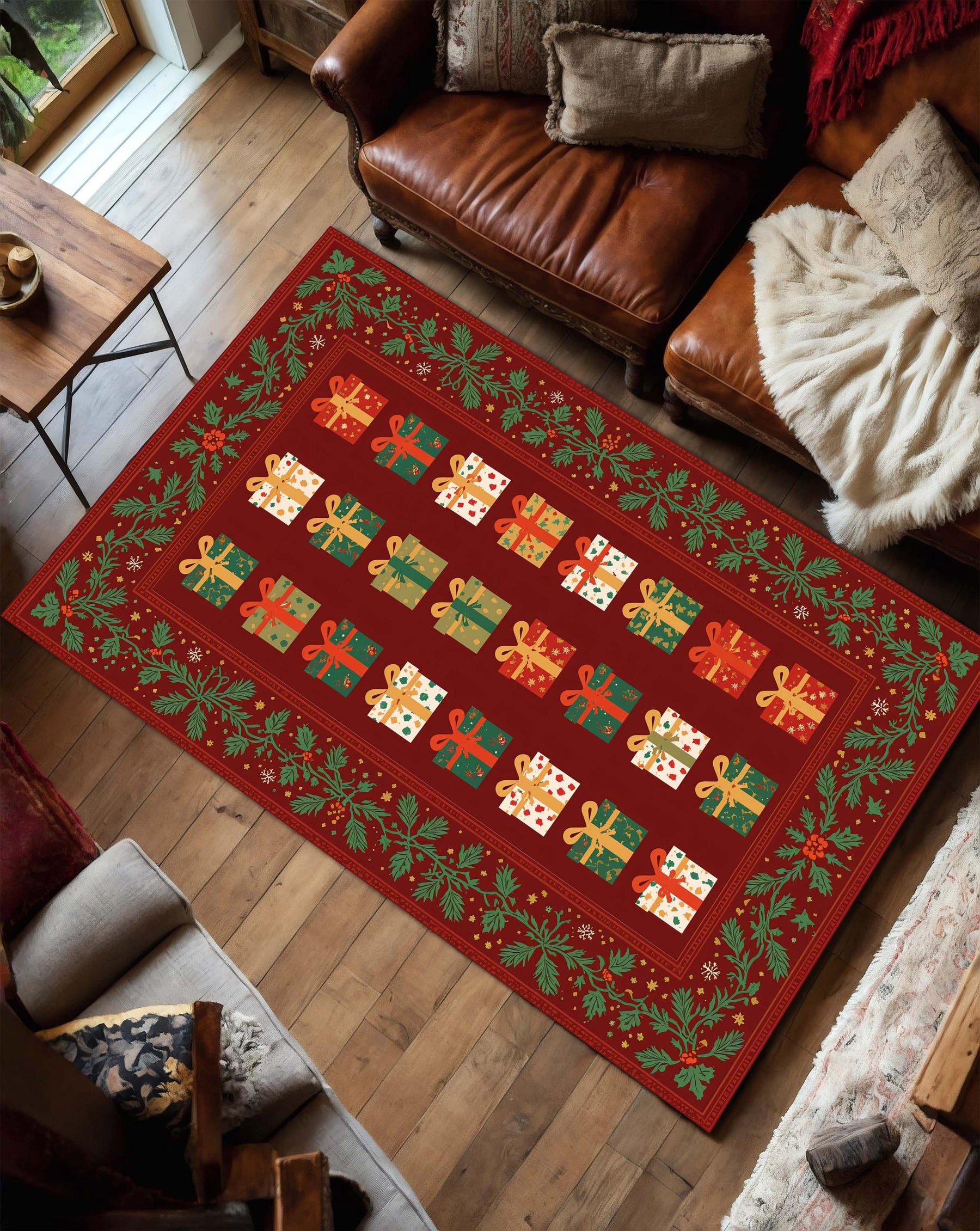 Christmas Gift Boxes Area Rug, Red Green Holiday Carpet, Festive Living Room Bedroom Decor, Winter Floor Mat, Cozy Xmas Home Accent