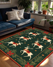 Christmas Reindeer Area Rug, Green Holiday Carpet with Poinsettias & Pine, Cozy Winter Living Room Decor, Nordic Farmhouse Style Gift