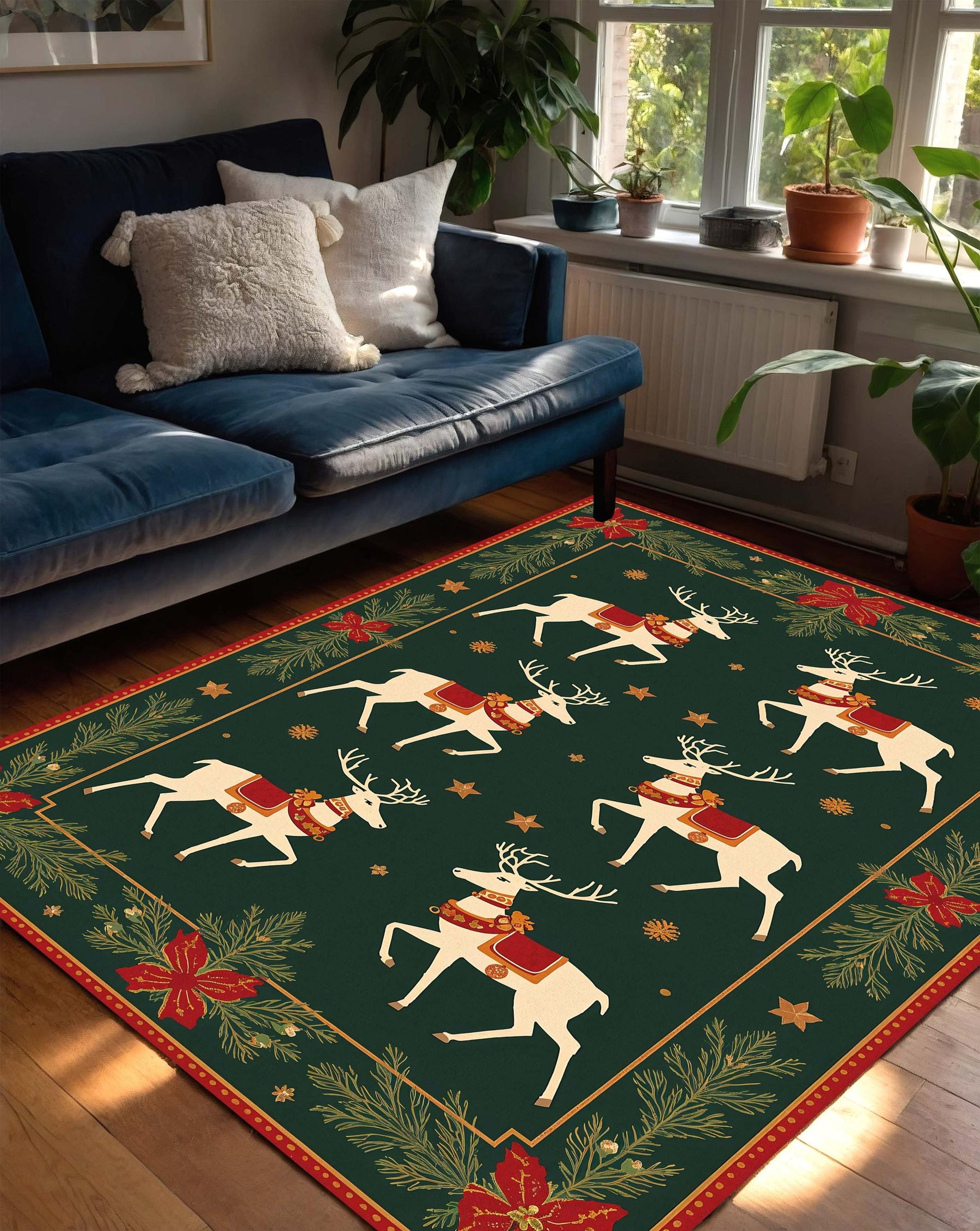 Christmas Reindeer Area Rug, Green Holiday Carpet with Poinsettias & Pine, Cozy Winter Living Room Decor, Nordic Farmhouse Style Gift