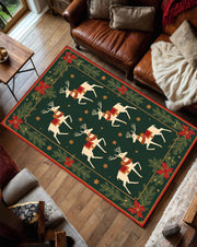 Christmas Reindeer Area Rug, Green Holiday Carpet with Poinsettias & Pine, Cozy Winter Living Room Decor, Nordic Farmhouse Style Gift