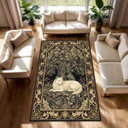 White Wolf Forest Tapestry Rug, Vintage Medieval Botanical Carpet, Gothic Aesthetic Area Rug for Living Room Bedroom, Dark Baroque Border