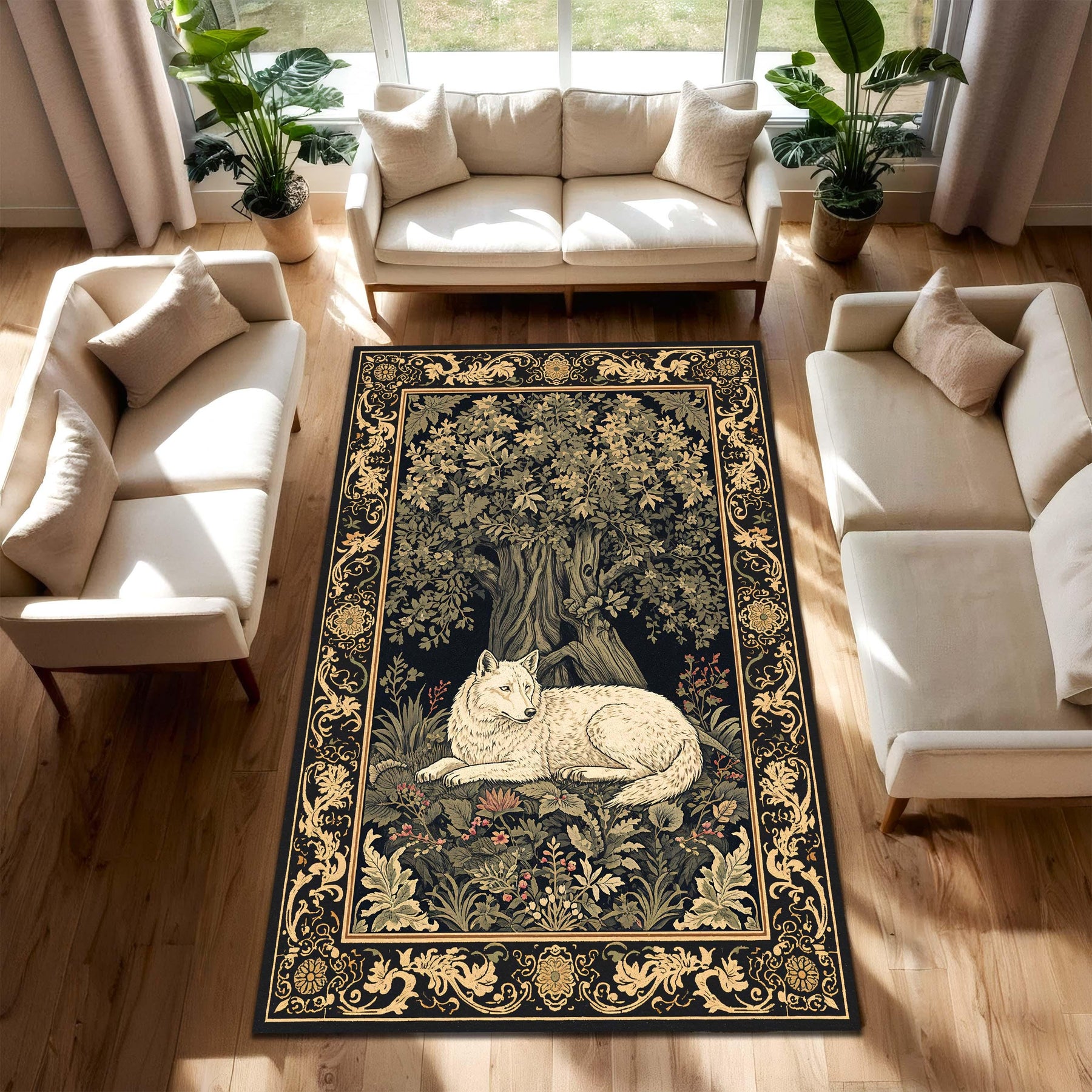 White Wolf Forest Tapestry Rug, Vintage Medieval Botanical Carpet, Gothic Aesthetic Area Rug for Living Room Bedroom, Dark Baroque Border