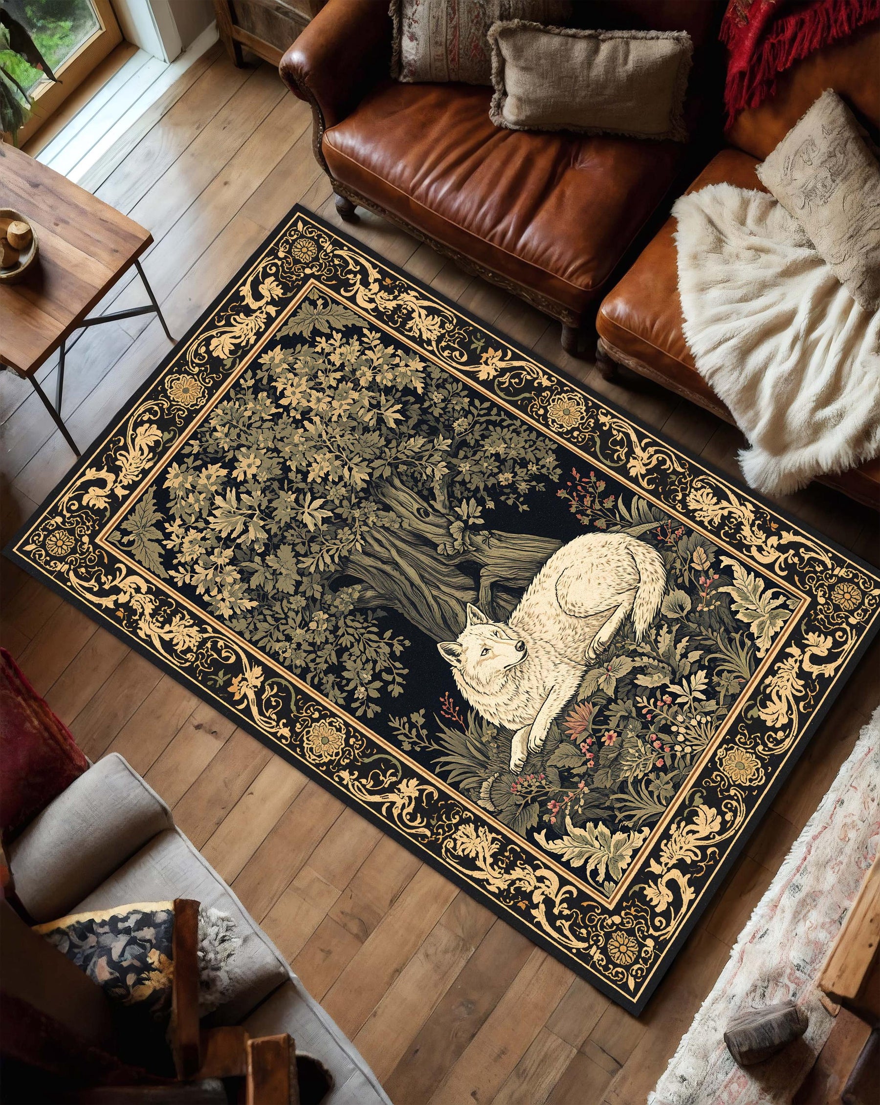 White Wolf Forest Tapestry Rug, Vintage Medieval Botanical Carpet, Gothic Aesthetic Area Rug for Living Room Bedroom, Dark Baroque Border