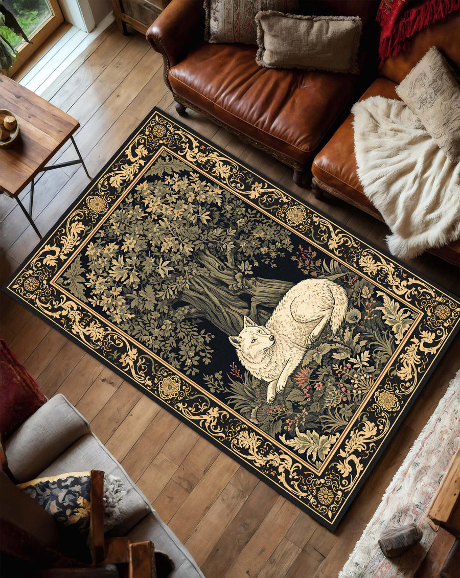 White Wolf Forest Tapestry Rug, Vintage Medieval Botanical Carpet, Gothic Aesthetic Area Rug for Living Room Bedroom, Dark Baroque Border