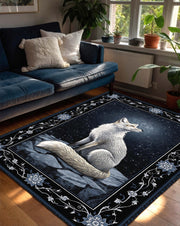 Arctic Fox Night Sky Area Rug, Dark Blue Floral Border Carpet – Nordic Woodland Animal Decor for Living Room Bedroom, Vintage Boho Style