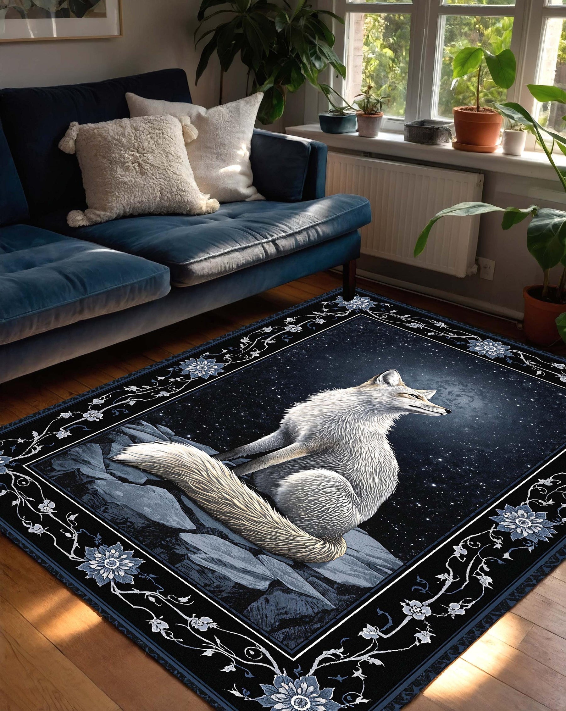 Arctic Fox Night Sky Area Rug, Dark Blue Floral Border Carpet – Nordic Woodland Animal Decor for Living Room Bedroom, Vintage Boho Style