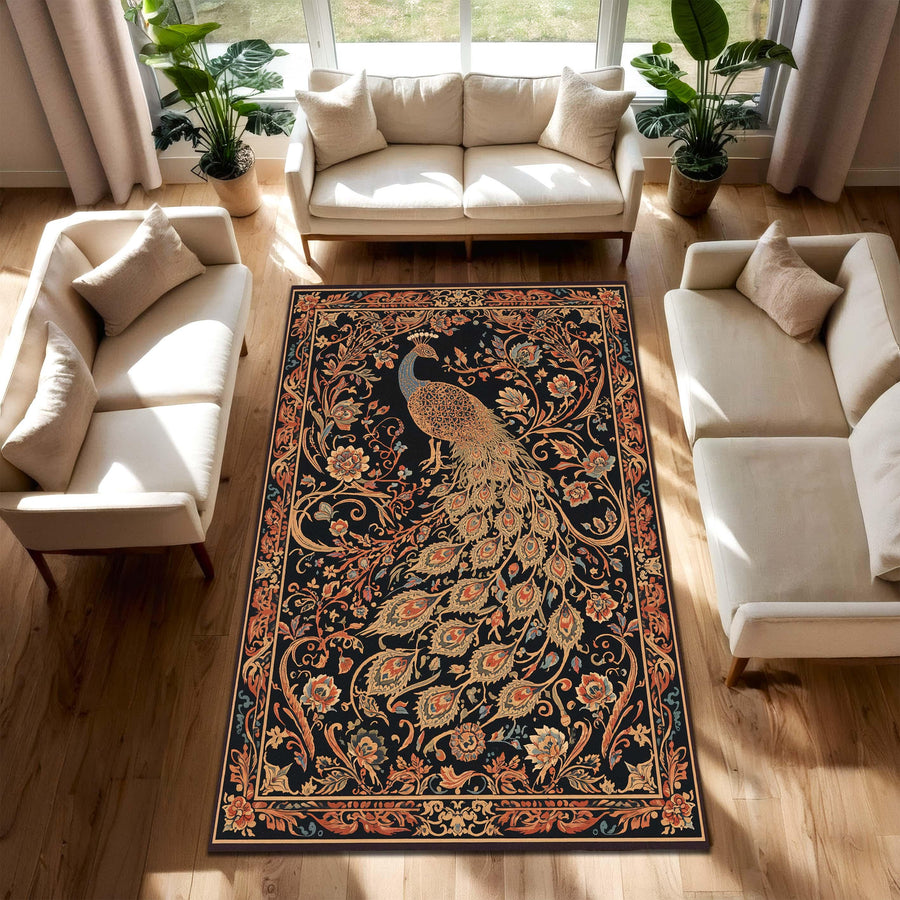 Peacock Rug Black Floral Oriental Vintage Carpet – Vintage Style Washable Area Rug for Living Room or Bedroom, Boho Decor Statement Piece
