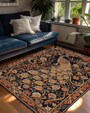 Peacock Rug Black Floral Oriental Vintage Carpet – Vintage Style Washable Area Rug for Living Room or Bedroom, Boho Decor Statement Piece